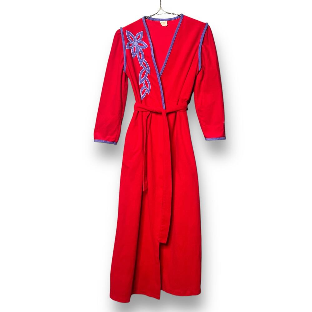 Vintage 80s Size Medium Long Red Purple Velour Robe Maxi Wrap Tie Waist Applique